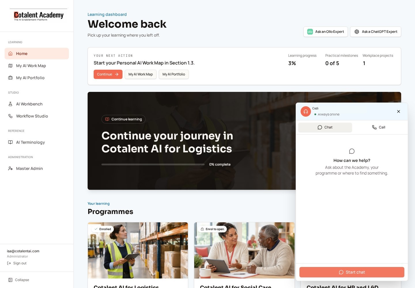 Codi chat and calling support open inside the Cotalent Academy dashboard